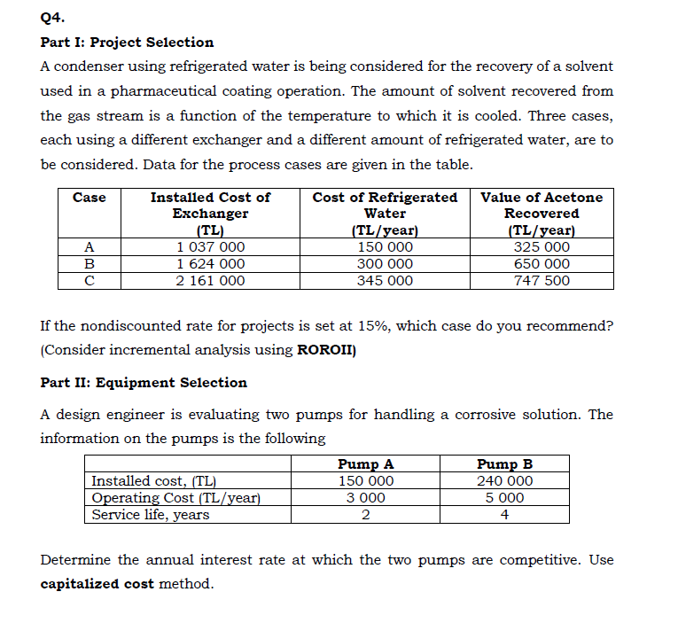 Part I: Project Selection A Condenser Using | Chegg.com