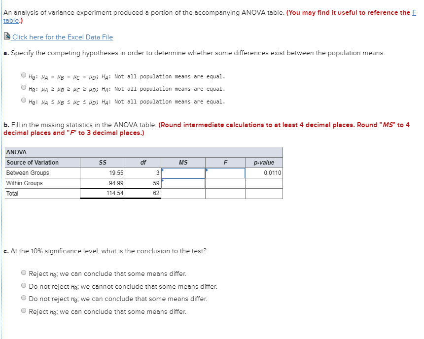 Solved An Analysis Of Variance Experiment Produced A Portion | Chegg.com