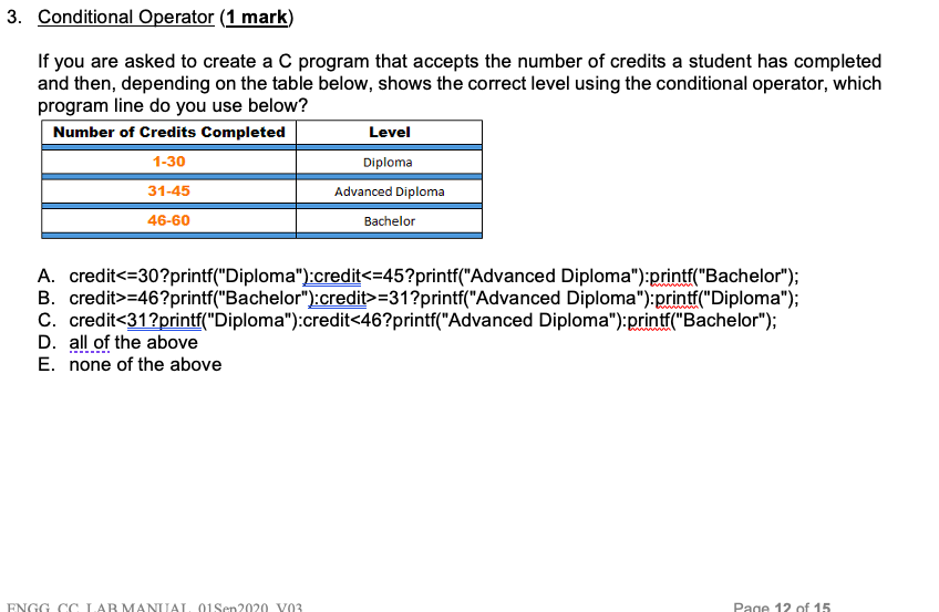 Solved 3. Conditional Operator (1 mark) If you are asked to | Chegg.com