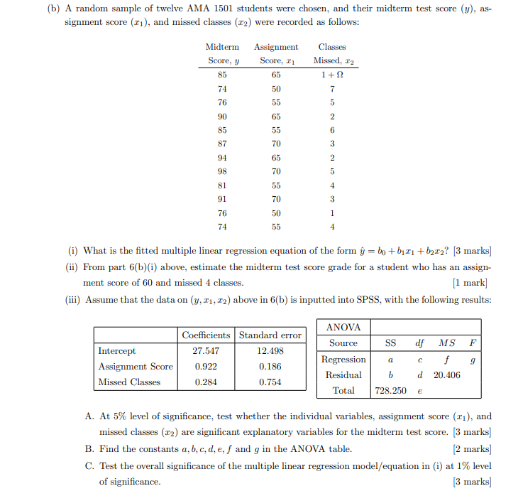 Solved (b) A random sample of twelve AMA 1501 students were | Chegg.com