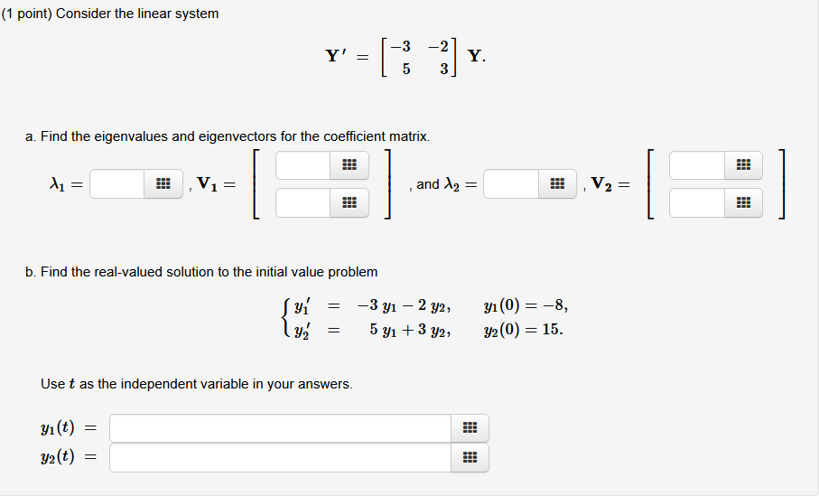 Solved (1 point) Consider the linear system -3 Y' = -2 3 Y. | Chegg.com