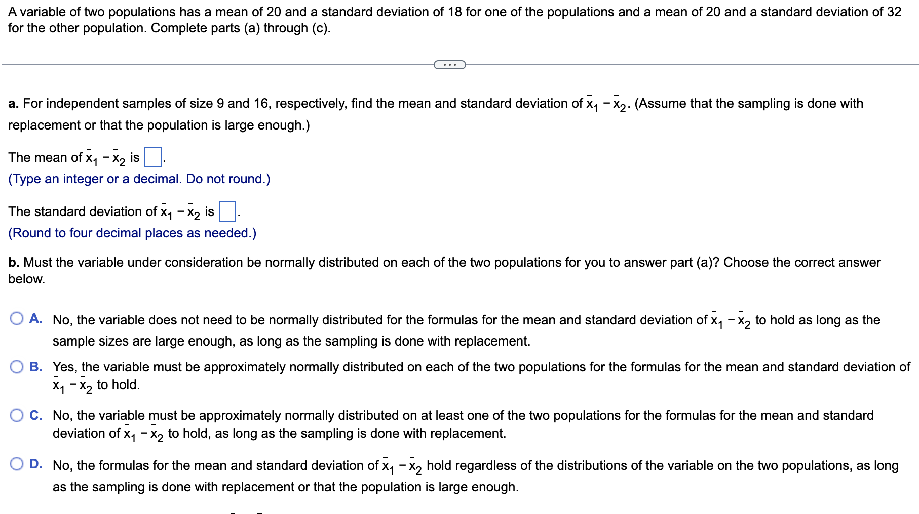 Solved A variable of two populations has a mean of 20 and a | Chegg.com