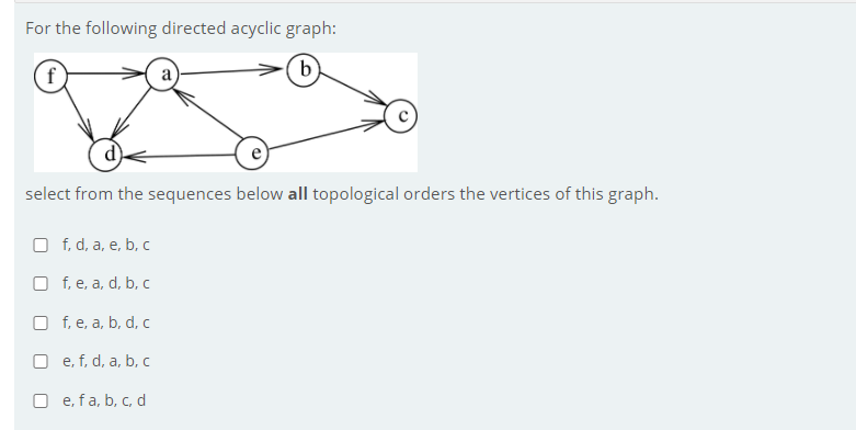 Solved For the following directed acyclic graph: f b select | Chegg.com