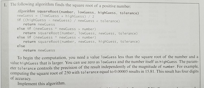 Solved . The following algorithm finds the square root of a | Chegg.com