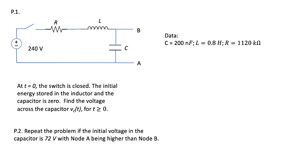 Solved P.1. L mmmm 240 V At t = 0, the switch is closed. The | Chegg.com