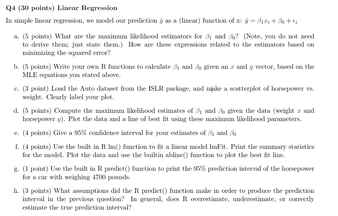 Q4 30 Points Linear Regression In Simple Linear Chegg Com