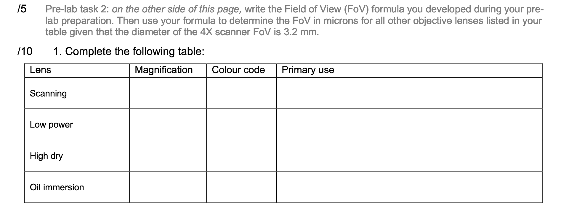 Solved I just need to find the Fov in microns for all the | Chegg.com