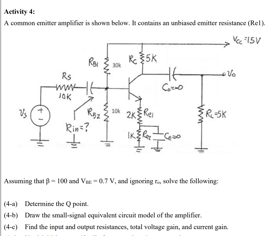 Solved Activity 4:A Common Emitter Amplifier Is Shown Below. | Chegg.com