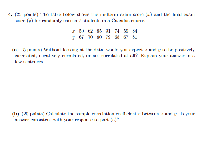 Solved 4. (25 points) The table below shows the midterm exam | Chegg.com