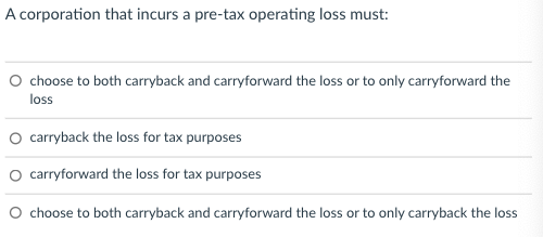 Solved A corporation that incurs a pre-tax operating loss | Chegg.com
