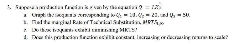 Solved 3. Suppose a production function is given by the | Chegg.com