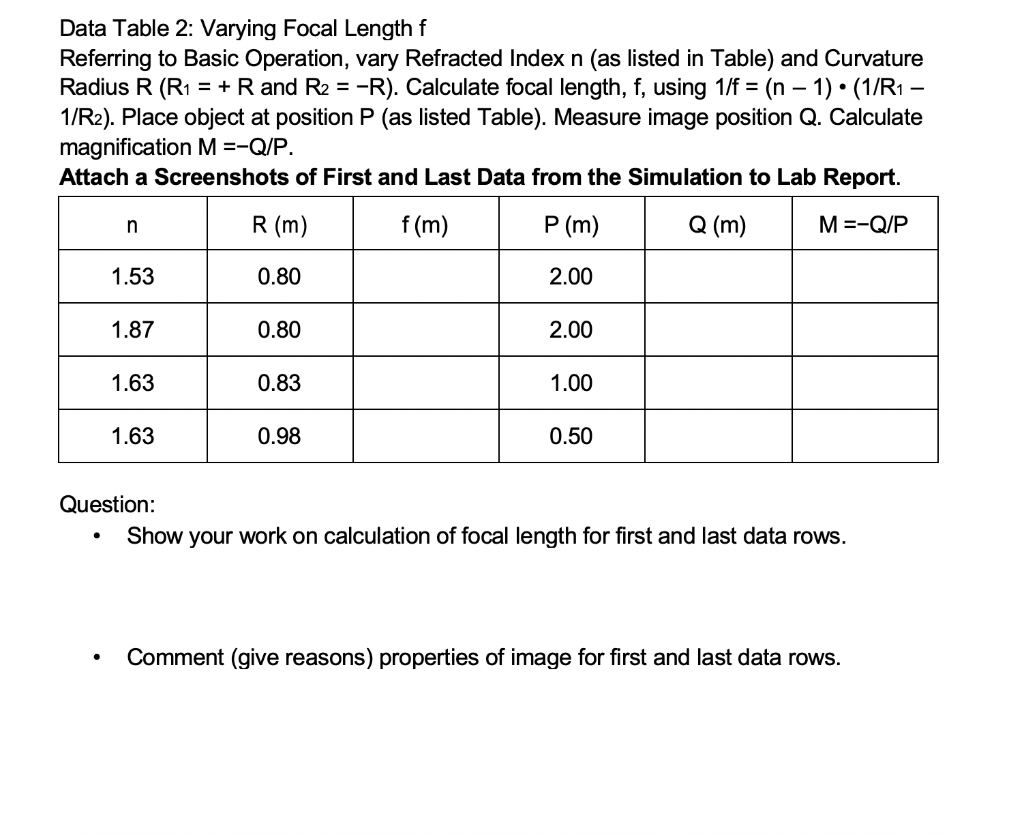 Solved Data Table 2: Varying Focal Length f Referring to | Chegg.com