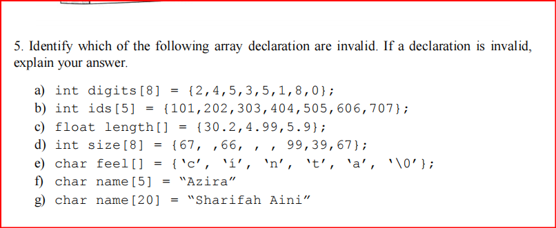 Solved 5 Identify Which Of The Following Array Declarati Chegg Com