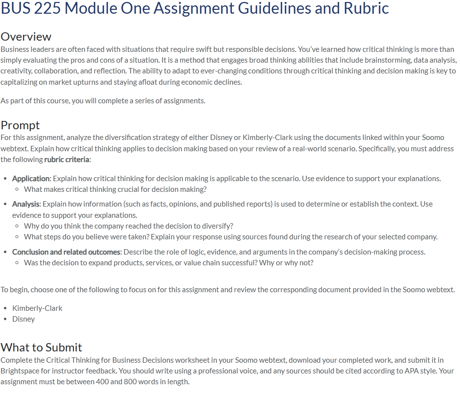 Solved bus 225 module one assignment guidelines and rubric chegg