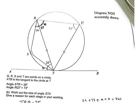 Solved Q,R,S ﻿and T ﻿are points on a circle.ATB is the | Chegg.com