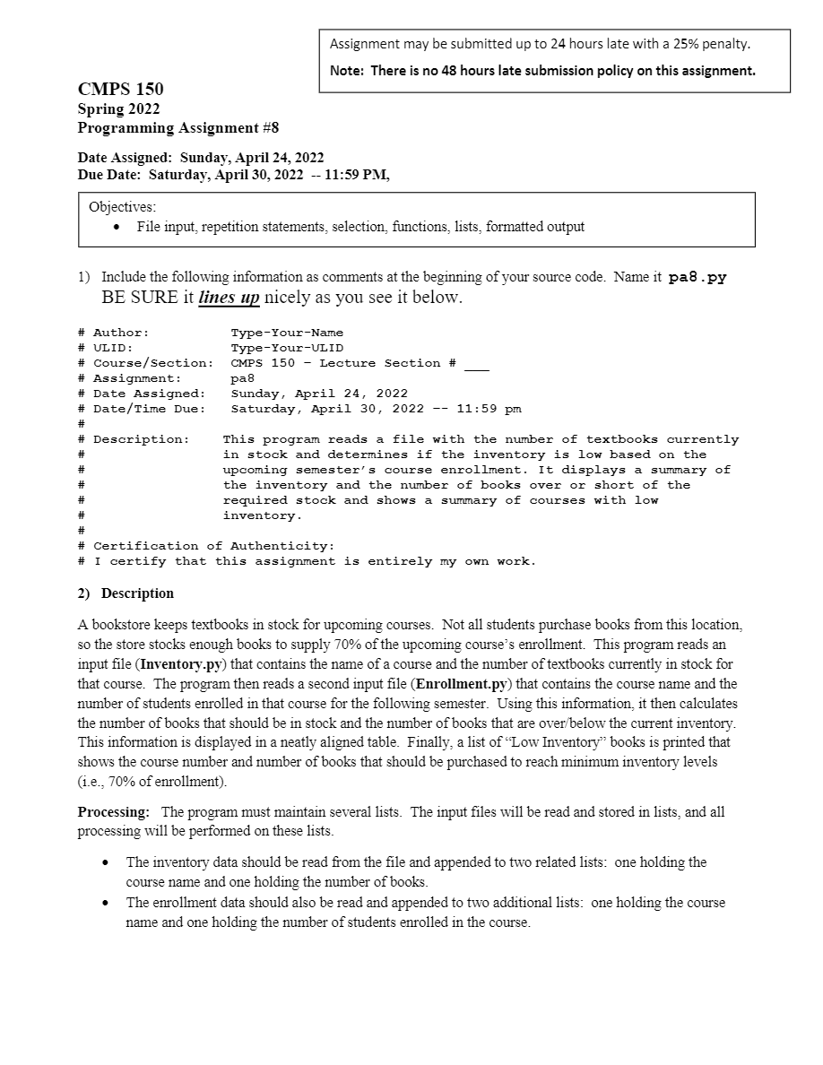 Solved Assignment may be submitted up to 24 hours late with | Chegg.com