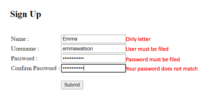 Solved Write Javascript that validate the following for | Chegg.com