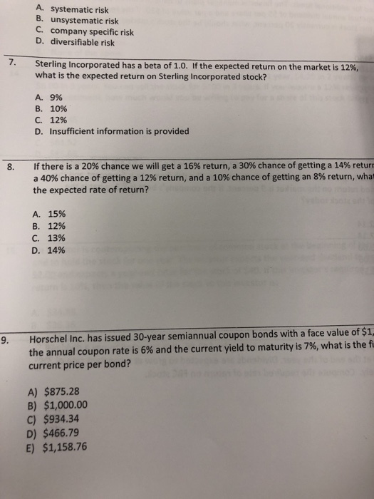 Systematic Risk Cs Questions Solved A. systematic risk B. unsystematic risk C. company | Chegg.com