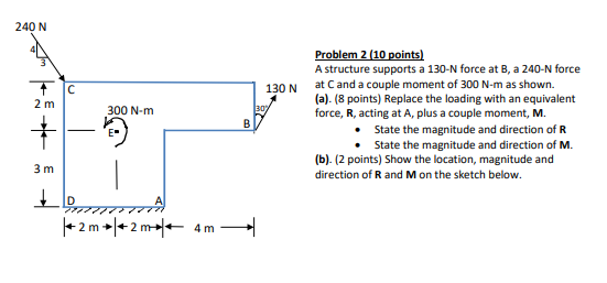 Solved 240 N с 130 N 2 m 300 N-m 307 Problem 2 (10 points) A | Chegg.com