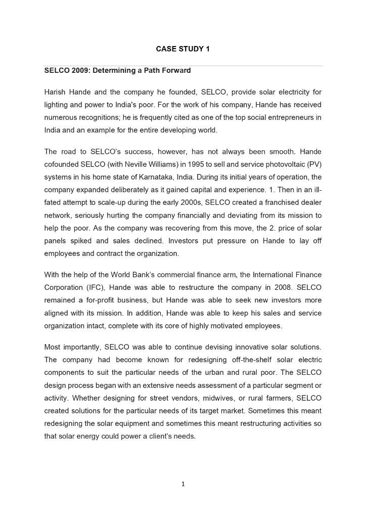Solved CASE STUDY 1 SELCO 2009: Determining a Path Forward | Chegg.com