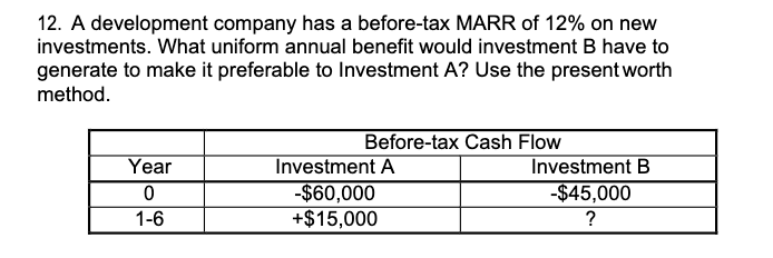 Solved 12. A development company has a before-tax MARR of | Chegg.com