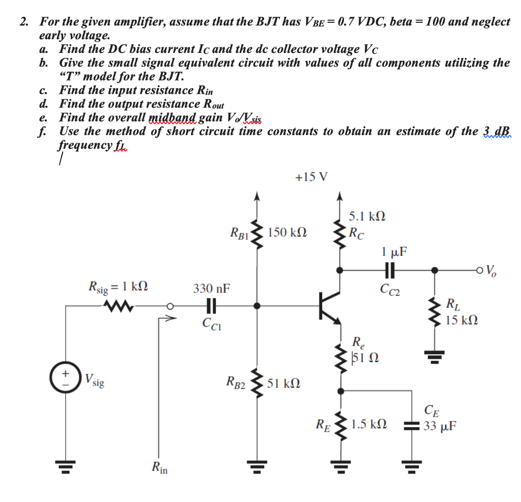 Solved 2. For The Given Amplifier, Assume That The BJT Has | Chegg.com