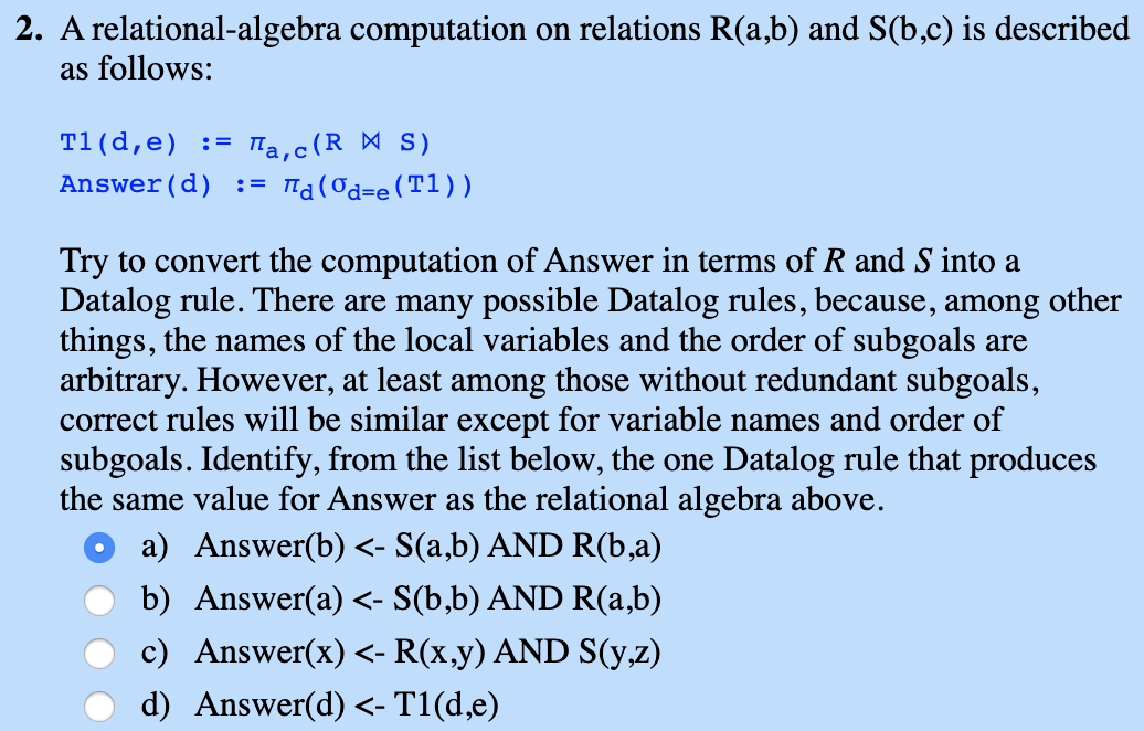 Solved 2. A relationalalgebra computation on relations