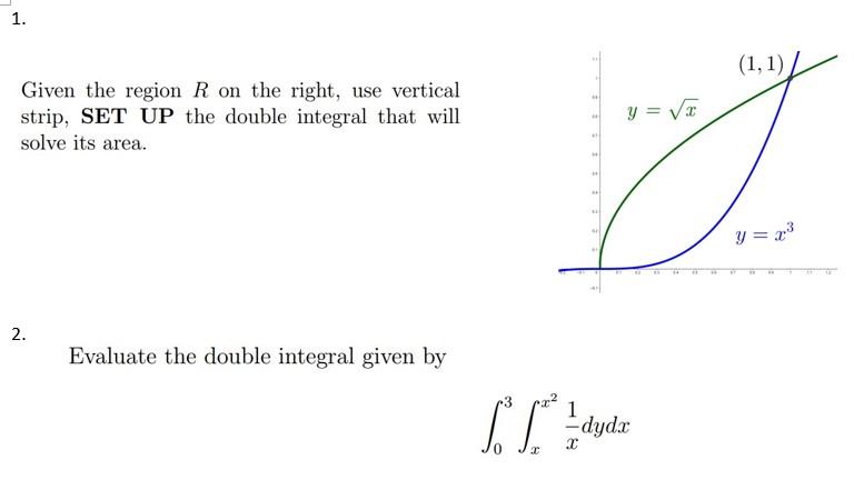 Given the region \( R \) on the right, use vertical strip, SET UP the double integral that will solve its area.
2.
Evaluate t