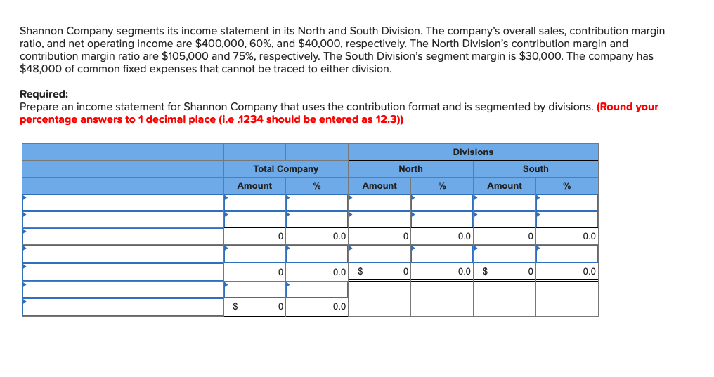 Solved Shannon Company segments its income statement in its | Chegg.com