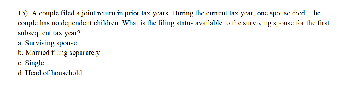 Solved 15). A couple filed a joint return in prior tax Chegg