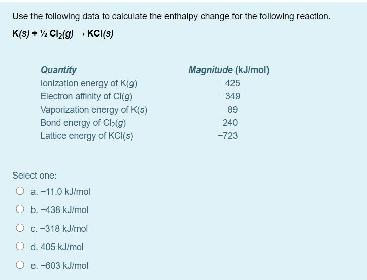 Solved Use The Following Data To Calculate The Enthalpy | Chegg.com