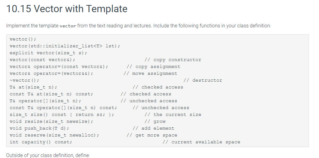Solved 10.15 Vector with Template Implement the template | Chegg.com