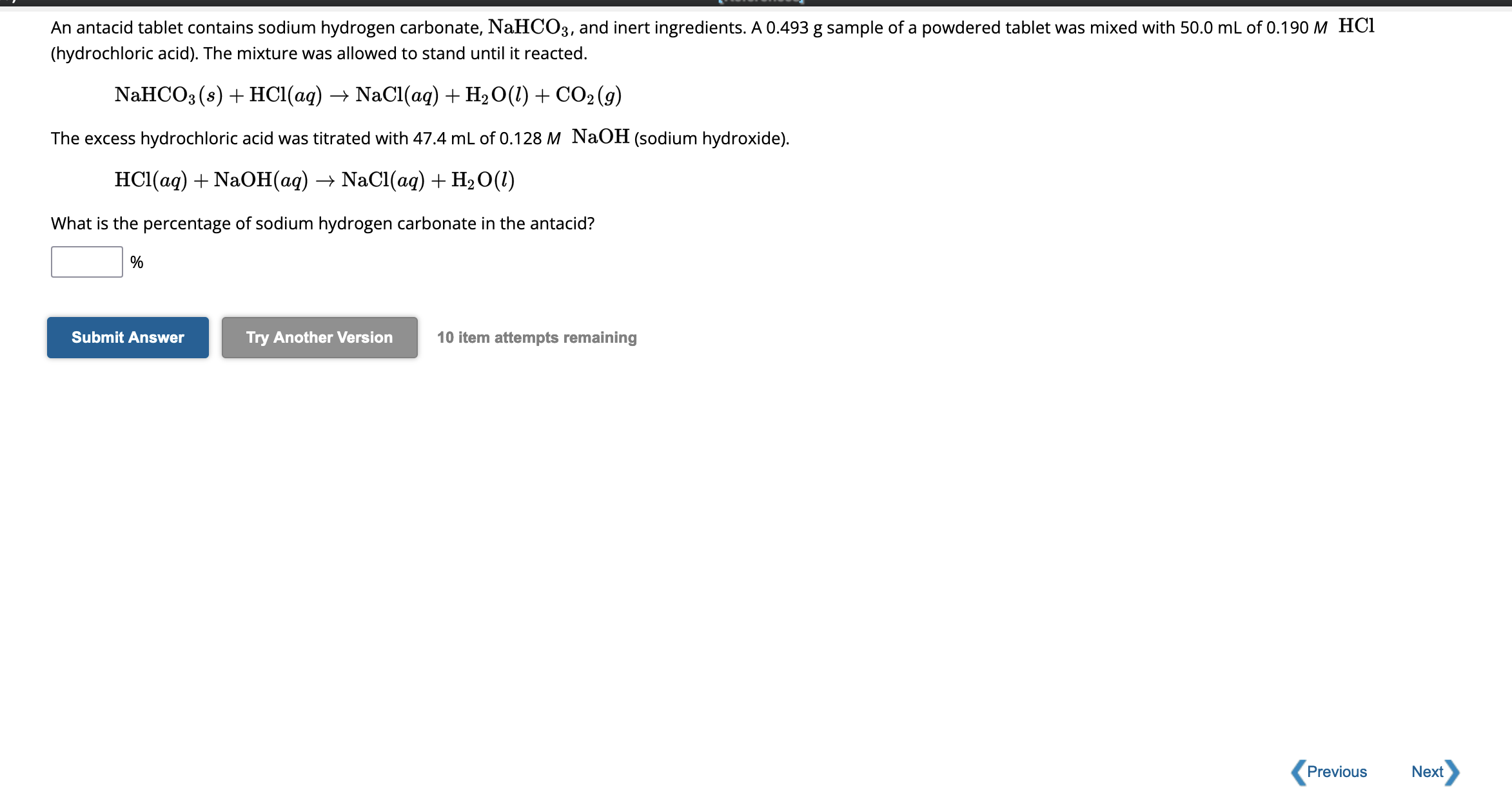 Solved NaHCO3(s)+HCl(aq)→NaCl(aq)+H2O(l)+CO2(g) The excess | Chegg.com