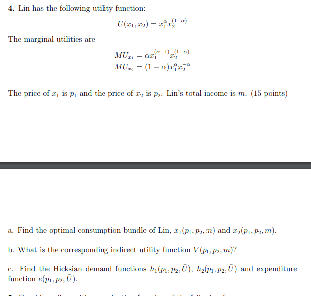 4 Lin Has The Following Utility Function U 11 1 Chegg Com