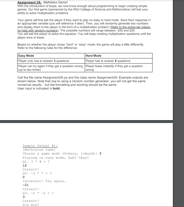 Solved Assignment 3A: Mathletes Game!With the introduction | Chegg.com