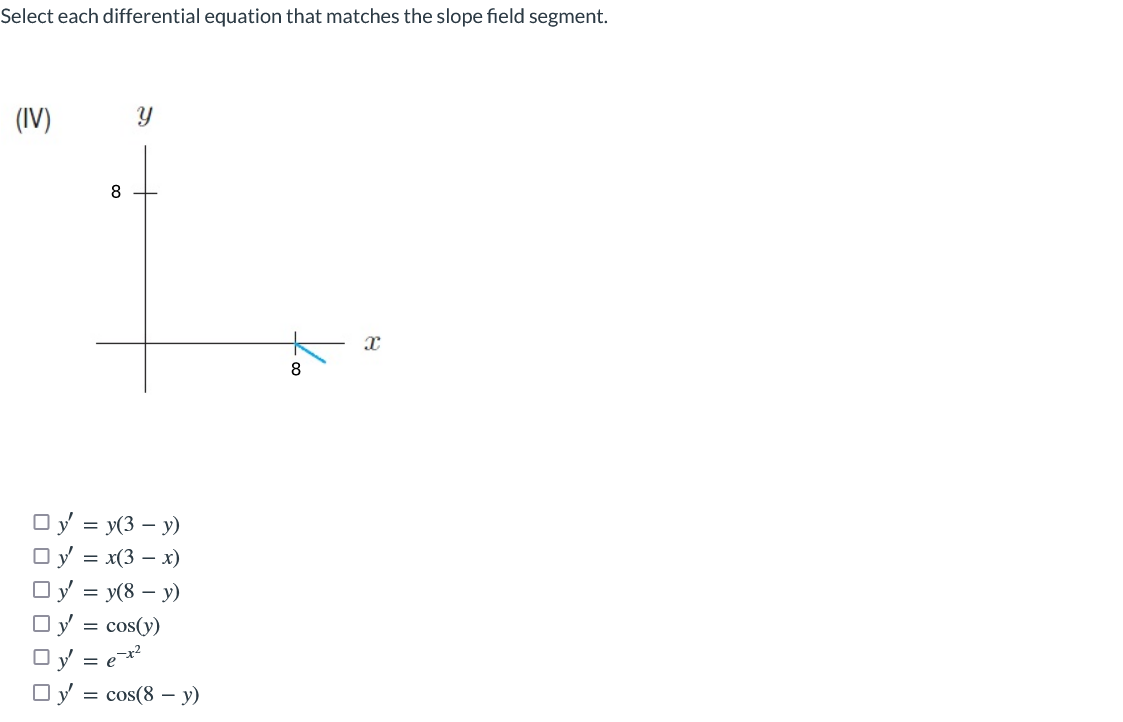 Select each differential equation that matches the slope field segment. (IV) y 8 T y = y(3 – y) y = x(3 – x) Oy = y(8 – y)