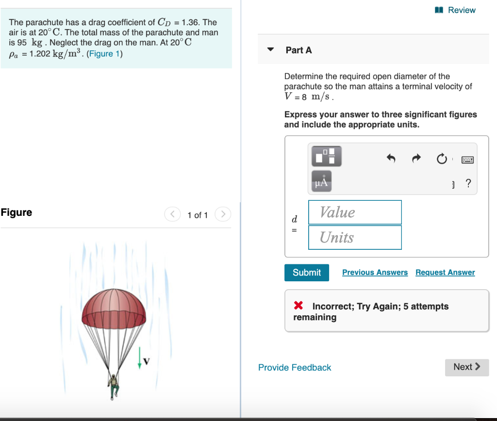 Solved M Review The parachute has a drag coefficient of Cp = | Chegg.com