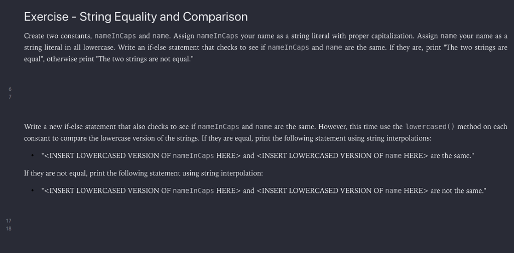 Exercise String Equality and Comparison Create two