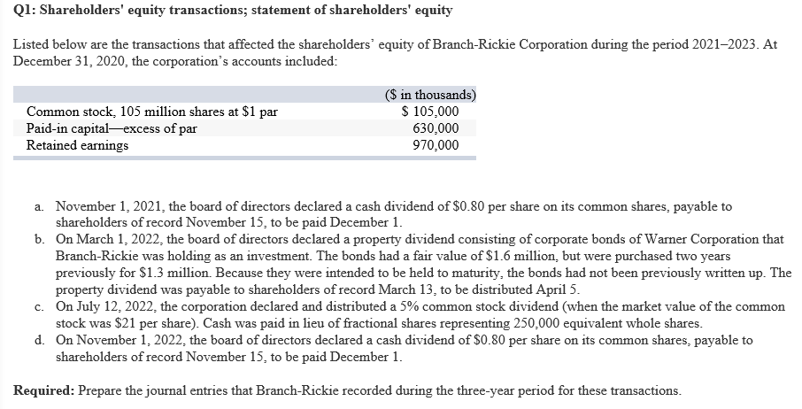 Solved Q1: Shareholders' Equity Transactions; Statement Of | Chegg.com