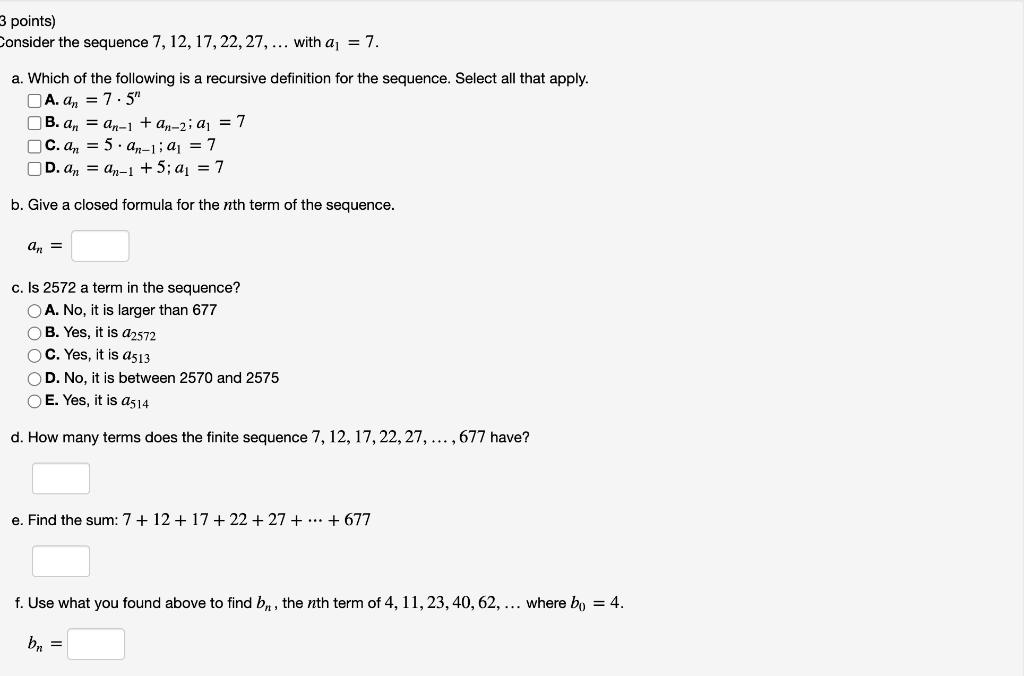 Solved 3 points) Consider the sequence 7, 12, 17, 22, 27, | Chegg.com