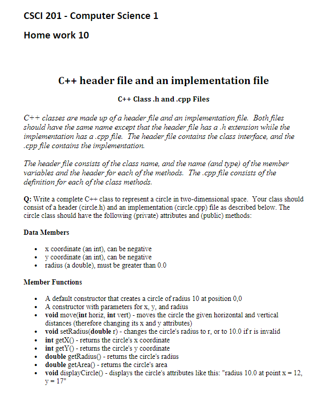 Solved CSCI 201 - Computer Science 1 Home work 10 C++ header | Chegg.com