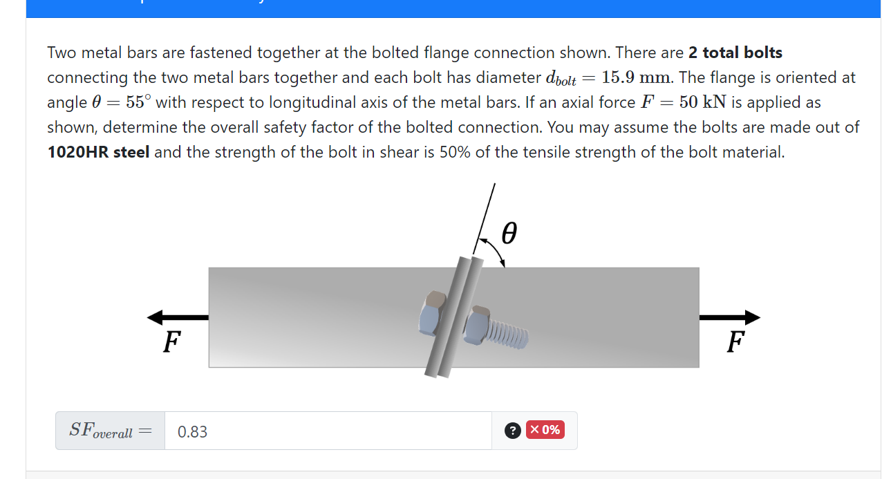 Two metal bars are fastened together at the bolted flange connection shown. There are \( \mathbf{2} \) total bolts connecting