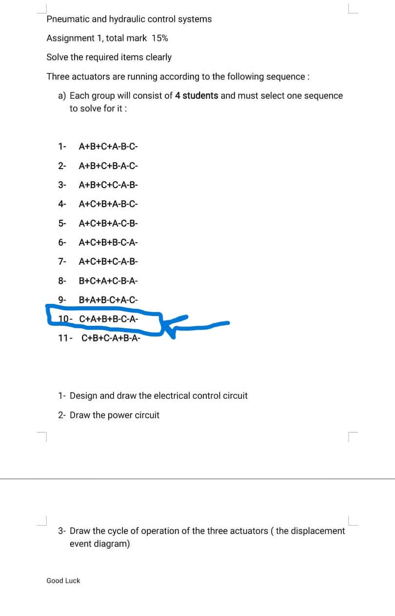 Pneumatic and hydraulic control systems Assignment 1,