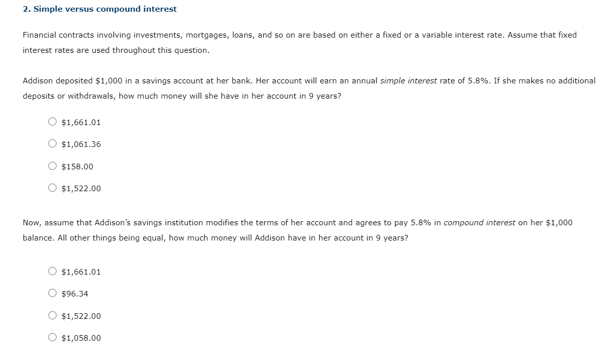 Solved 2. Simple versus compound interest Financial | Chegg.com