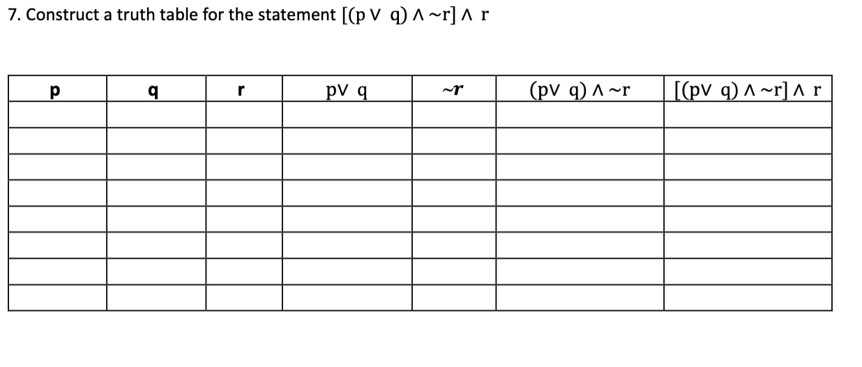 Solved 7. Construct a truth table for the statement [(p V q) | Chegg.com
