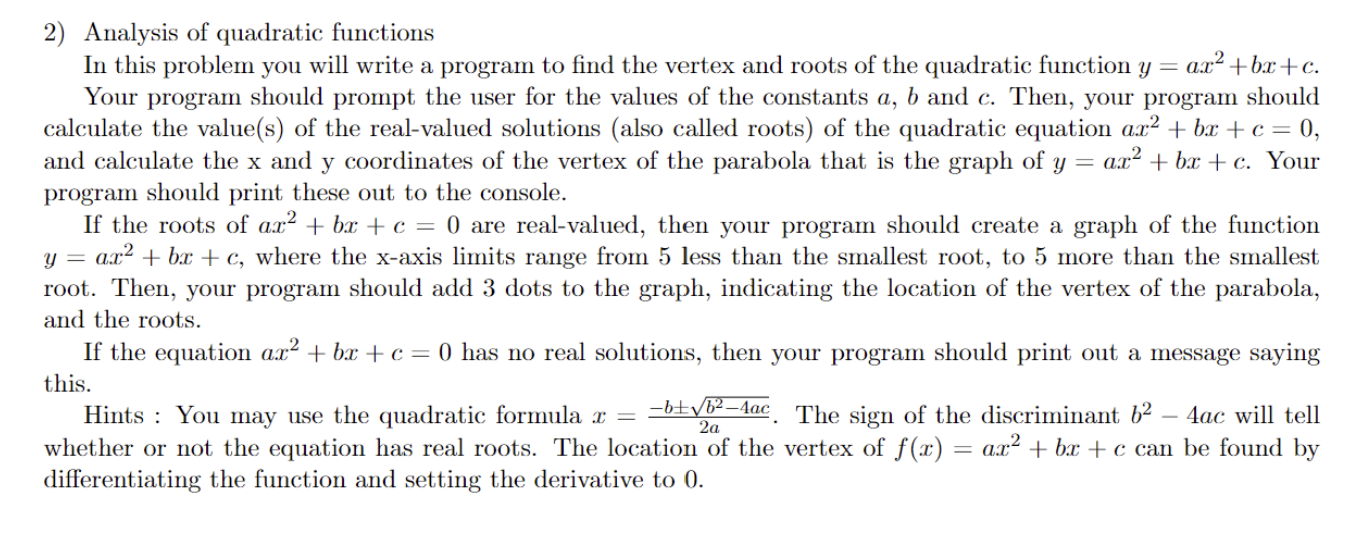 Solved 2) Analysis of quadratic functions In this problem | Chegg.com