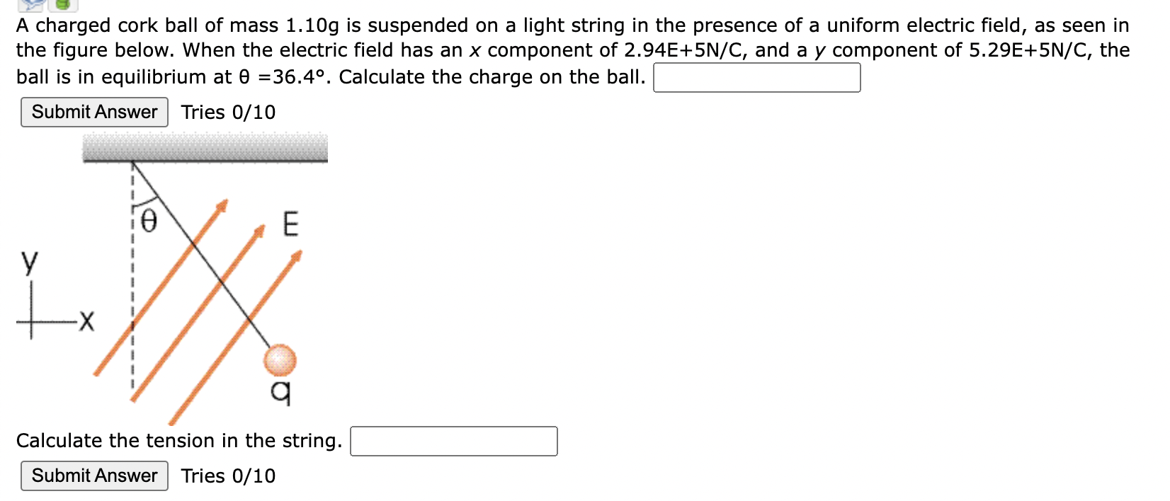 Solved A charged cork ball of mass 1.10 g is suspended on a