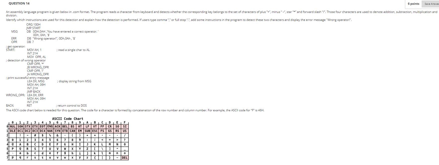 Save Answer QUESTION 14 6 points An assembly language | Chegg.com