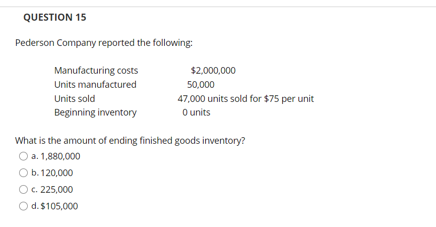 Solved QUESTION 15 Pederson Company reported the following: | Chegg.com