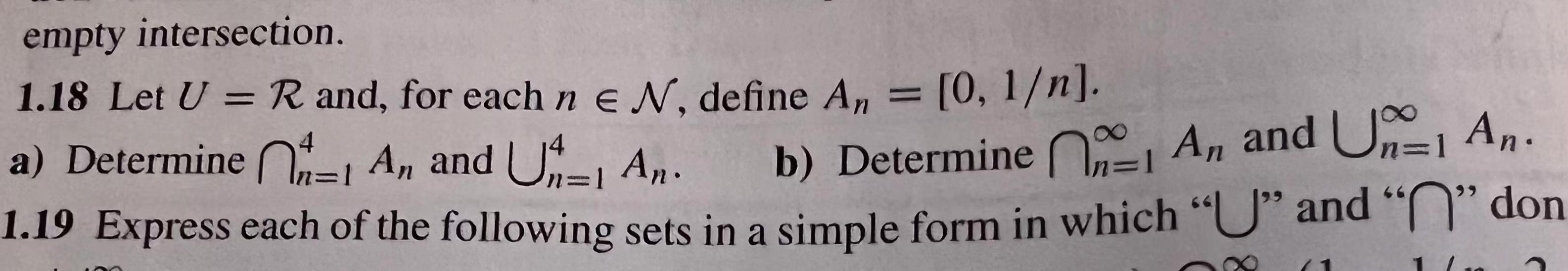 empty intersection. 1.18 Let U = R and, for each n e | Chegg.com